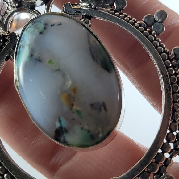 Handmade Silver Pendant – Dendritic Opal & Peridot + 20" Silver Snake Chain - Picture 6 of 10